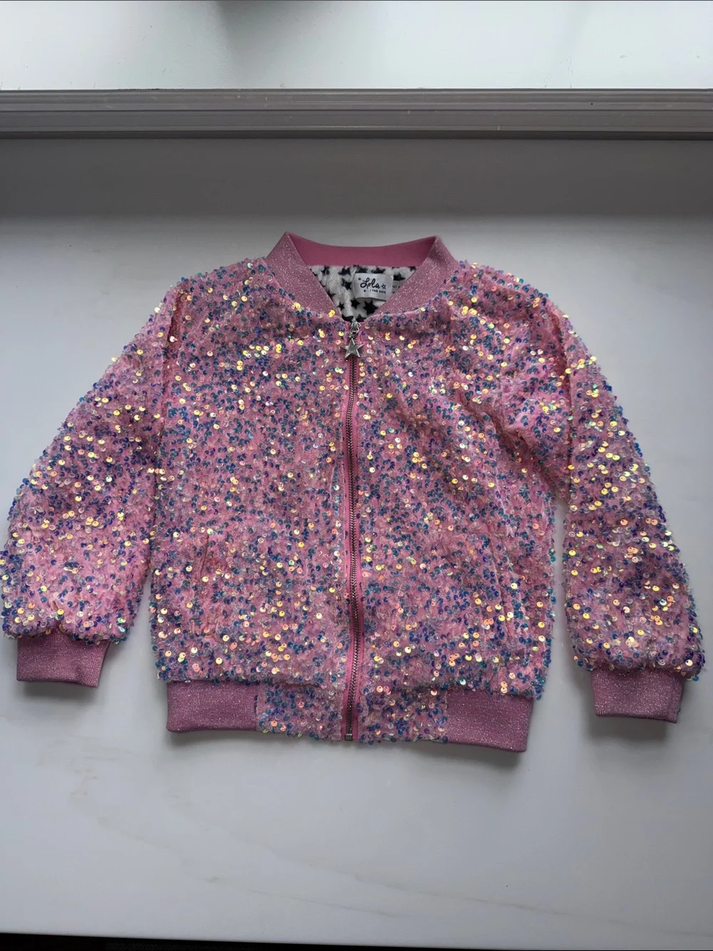 Lola + The Boys Pink Sequin Star Zip Jacket